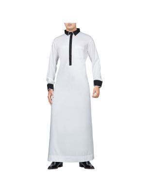 WHITE THOBE WITH BLACK COLLAR AND CUFF 